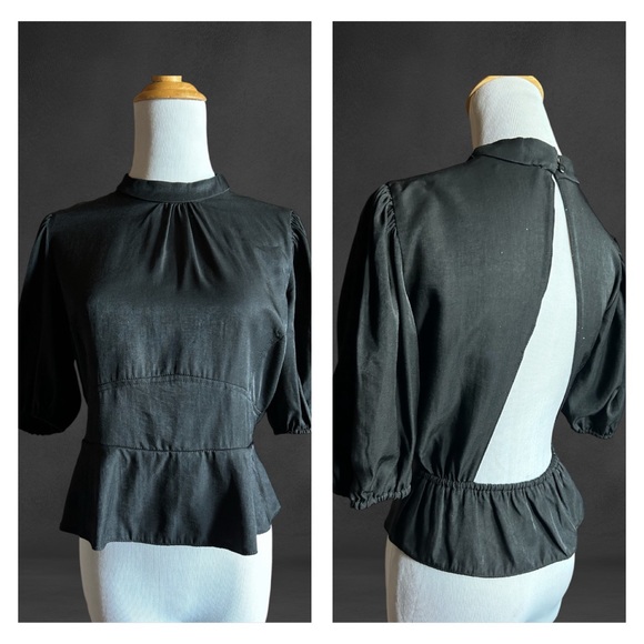 Black Puff Sleeve Peplum Top NWT Size Large - Picture 4 of 9